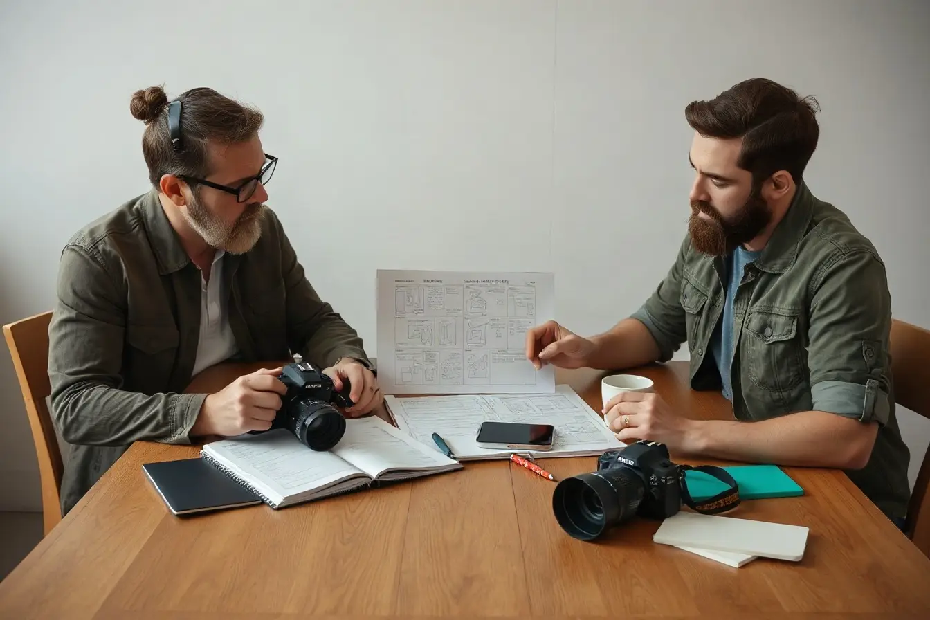 Creative producers reviewing a storyboard and shot list
