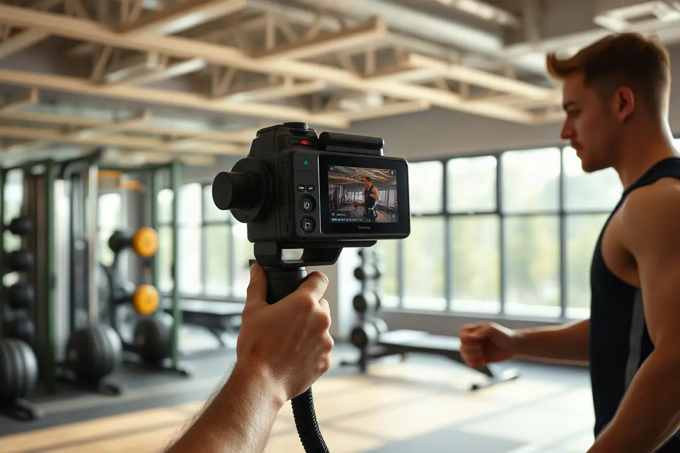 Fitness trainer being filmed for social media reels in a modern gym